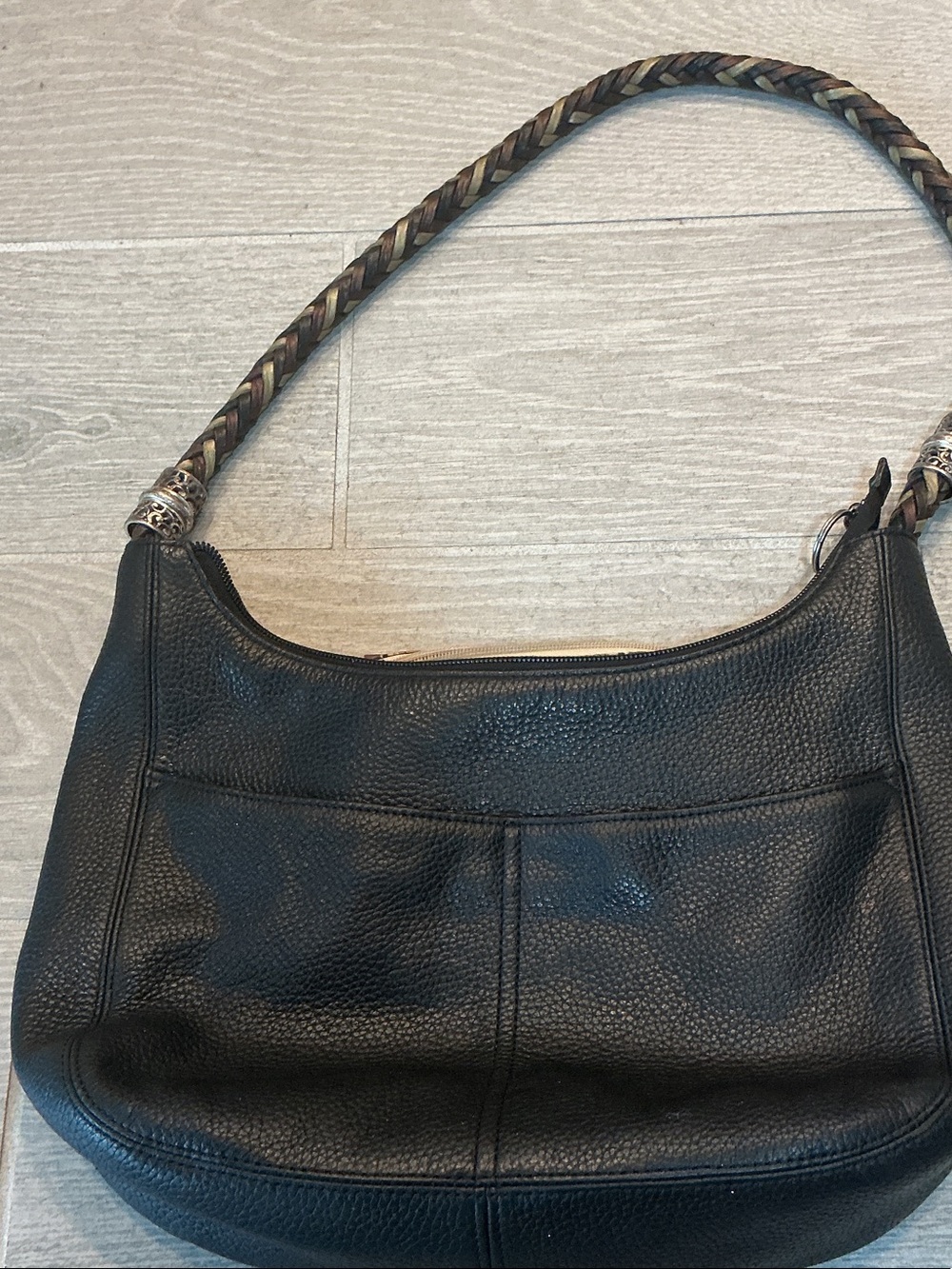 Brighton Barbados Hobo Black Pebbled Leather Shoulder Bag with Braided Handle